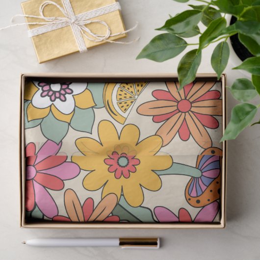 Groovy 70's, Sinaasappel, Roze, & Groene Bloemen Tissuepapier (Geschenk)