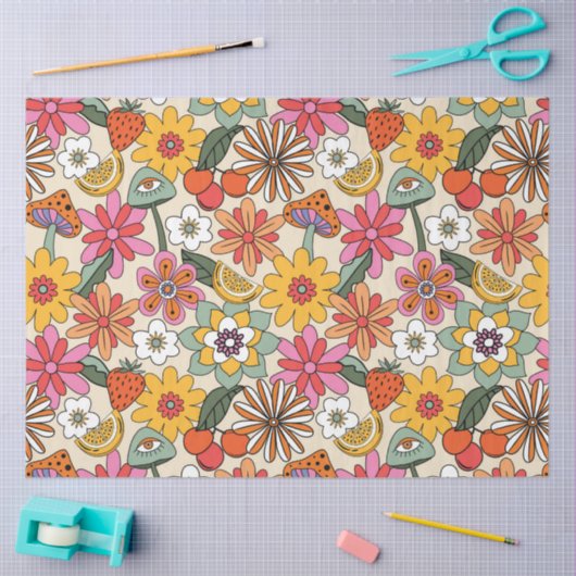 Groovy 70's, Sinaasappel, Roze, & Groene Bloemen Tissuepapier (Craft)