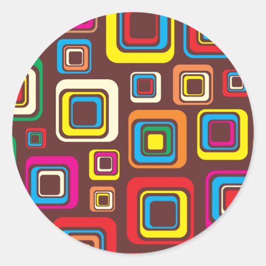 Groovy 70s Tegel Pattern Squares on Brown Ronde Sticker (Voorkant)