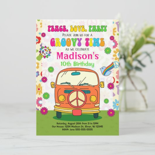 Groovy 70's Thégothday Invitation / Hippie Van Kaart (Staand voorkant)