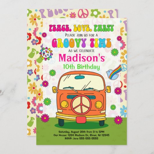 Groovy 70's Thégothday Invitation / Hippie Van Kaart (Voorkant / Achterkant)