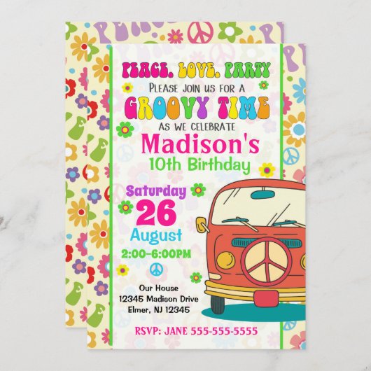 Groovy 70s thema verjaardagsuitnodiging / Hippie V Kaart (Voorkant / Achterkant)