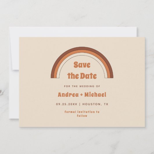 Groovy 70s Typografie Retro Terracotta Regenboog Save The Date (Achterkant)