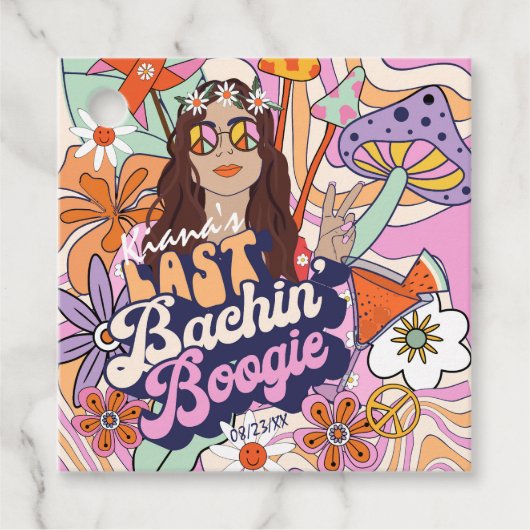 Groovy 70s vrijgezellenfeest Laatste Bachin' Boogi Bedankjes Labels (Voorkant)