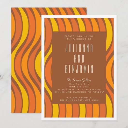 Groovy 70s Wavy Lines Oranje en bruin bruiloft Kaart (Voorkant / Achterkant)