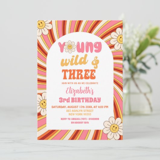 Groovy 70's Young Wild en Drie 3e Verjaardag Kaart (Staand voorkant)