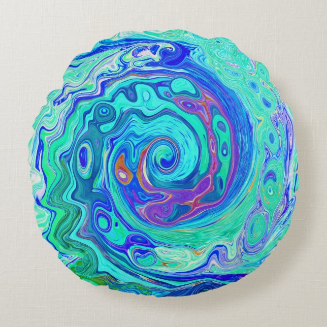 Groovy Abstract Ocean Blue en Green Liquid Swirl Rond Kussen (Voorkant)