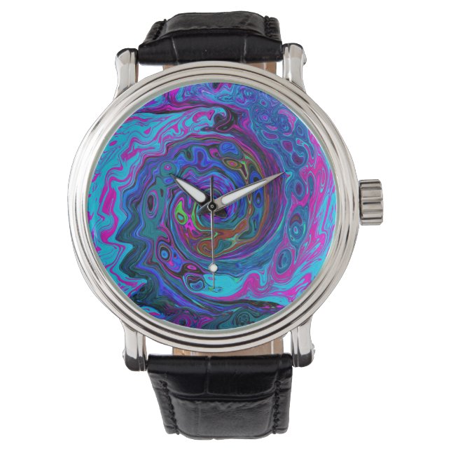 Groovy Abstract Retro Blue en Paarse wervelkolom Horloge (Voorkant)
