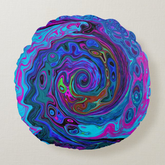 Groovy Abstract Retro Blue en Paarse wervelkolom Rond Kussen (Voorkant)