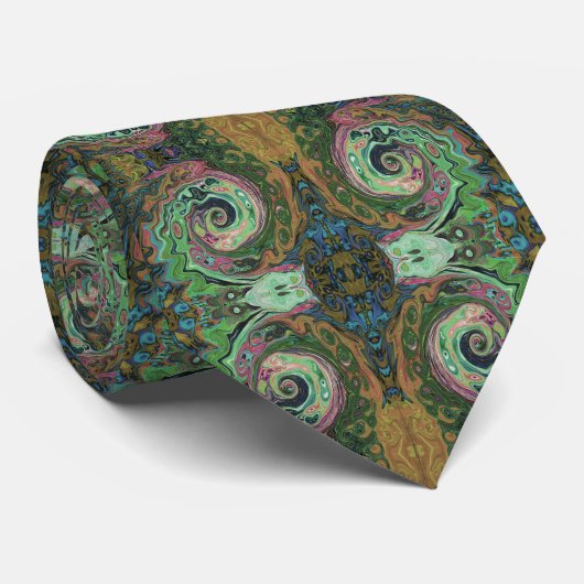 Groovy Abstract Retro Bruine en Groene Werveling Stropdas (Opgerold)