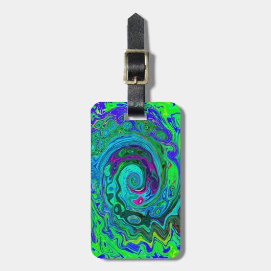 Groovy Abstract Retro Green en Blue Swirl Bagagelabel (Voorkant verticaal)
