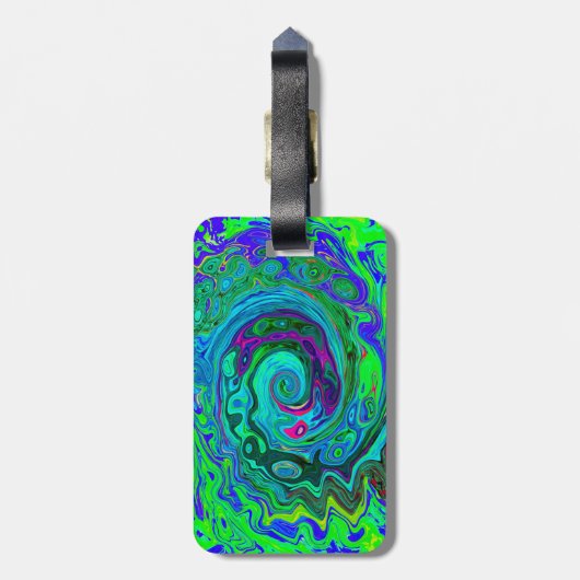 Groovy Abstract Retro Green en Blue Swirl Bagagelabel (Achterkant verticaal)