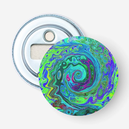 Groovy Abstract Retro Green en Blue Swirl Button Flesopener (Voorkant)
