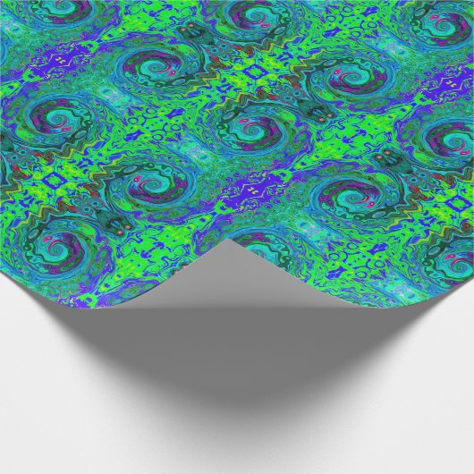 Groovy Abstract Retro Green en Blue Swirl Cadeaupapier (Hoek)