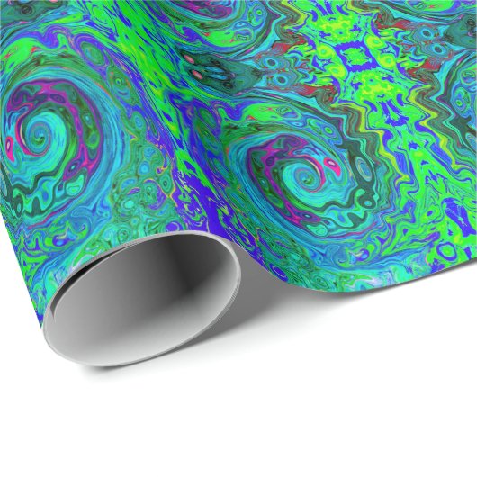 Groovy Abstract Retro Green en Blue Swirl Cadeaupapier (Rol Hoek)
