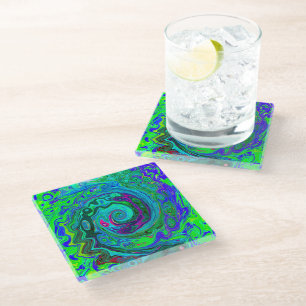 Groovy Abstract Retro Green en Blue Swirl Glazen Onderzetter