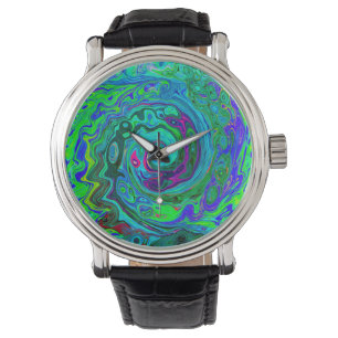 Groovy Abstract Retro Green en Blue Swirl Horloge