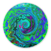 Groovy Abstract Retro Green en Blue Swirl Keramische Knop (Voorkant)