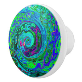 Groovy Abstract Retro Green en Blue Swirl Keramische Knop