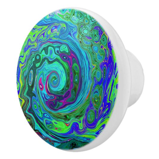 Groovy Abstract Retro Green en Blue Swirl Keramische Knop (Rechts)