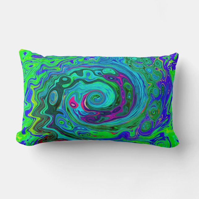 Groovy Abstract Retro Green en Blue Swirl Kussen (Voorkant)