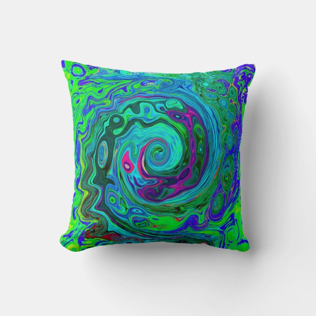 Groovy Abstract Retro Green en Blue Swirl Kussen (Voorkant)