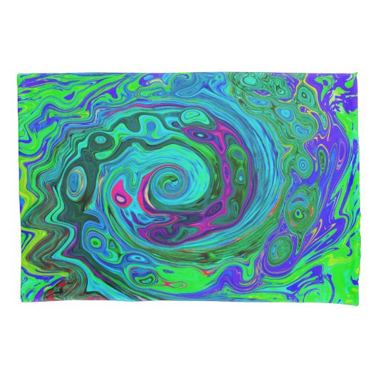 Groovy Abstract Retro Green en Blue Swirl Kussensloop (Voorkant)