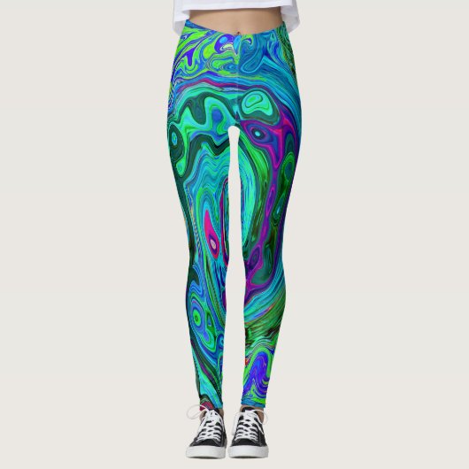 Groovy Abstract Retro Green en Blue Swirl Leggings (Voorkant)