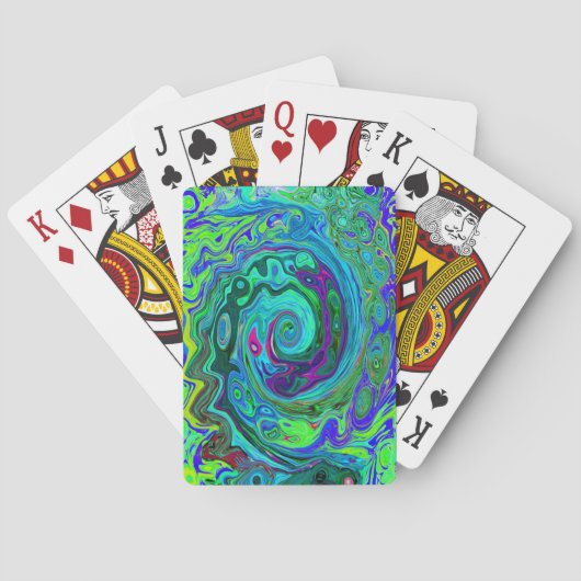 Groovy Abstract Retro Green en Blue Swirl Pokerkaarten (Achterkant)