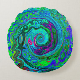 Groovy Abstract Retro Green en Blue Swirl Rond Kussen