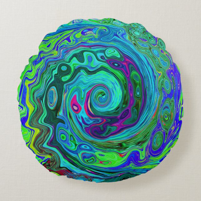 Groovy Abstract Retro Green en Blue Swirl Rond Kussen (Voorkant)