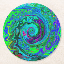 Groovy Abstract Retro Green en Blue Swirl Ronde Kartonnen Onderzetter