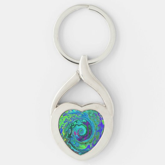 Groovy Abstract Retro Green en Blue Swirl Sleutelhanger (Voorkant)