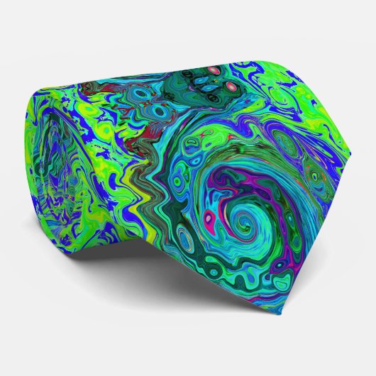 Groovy Abstract Retro Green en Blue Swirl Stropdas (Opgerold)