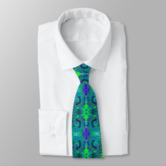 Groovy Abstract Retro Green en Blue Swirl Stropdas (Gebonden)