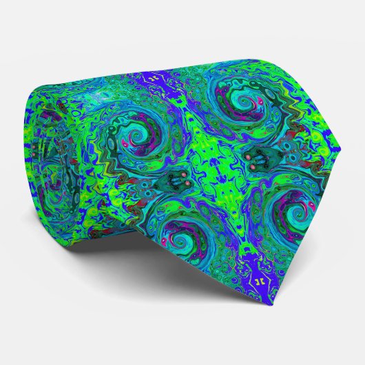 Groovy Abstract Retro Green en Blue Swirl Stropdas (Opgerold)