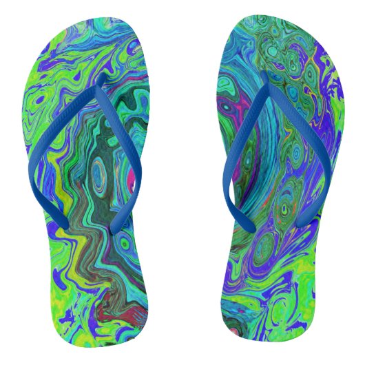 Groovy Abstract Retro Green en Blue Swirl Teenslippers (Voetbed)