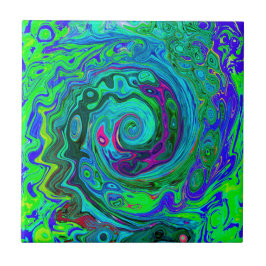 Groovy Abstract Retro Green en Blue Swirl Tegeltje