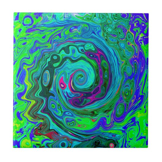 Groovy Abstract Retro Green en Blue Swirl Tegeltje (Voorkant)