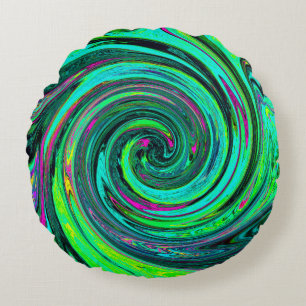 Groovy Abstract Retro Groen en Magenta Draaikolk Rond Kussen