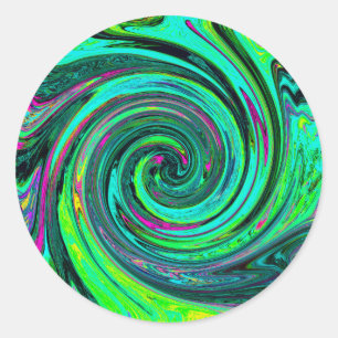 Groovy Abstract Retro Groen en Magenta Draaikolk Ronde Sticker