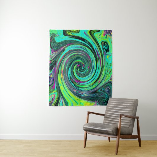 Groovy Abstract Retro Groen en Magenta Draaikolk Wandkleed (In situ)