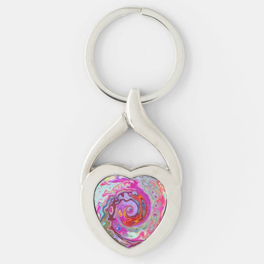 Groovy Abstract Retro Hot Pink en Blue Swirl Sleutelhanger (Voorkant)