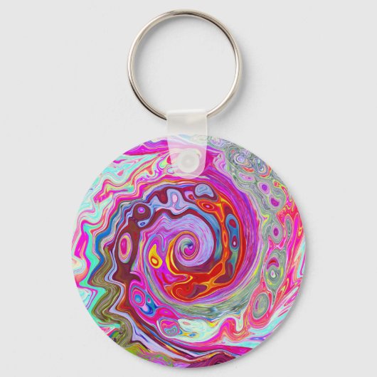 Groovy Abstract Retro Hot Pink en Blue Swirl Sleutelhanger (Voorkant)