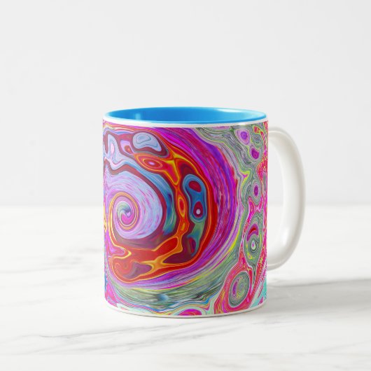 Groovy Abstract Retro Hot Pink en Blue Swirl Tweekleurige Koffiemok (Voorkant rechts)