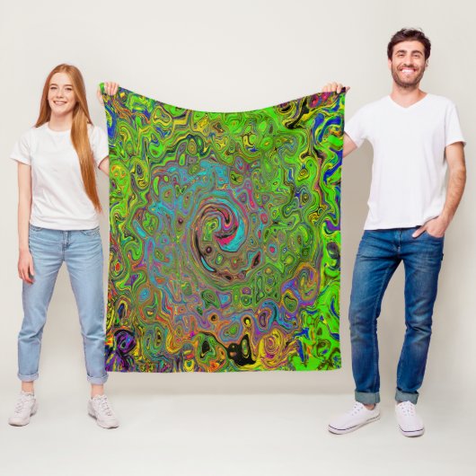 Groovy Abstract Retro Lime Green en Blue Swirl Fleece Deken (In situ)