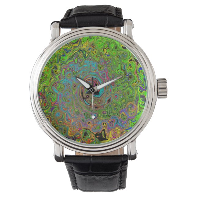 Groovy Abstract Retro Lime Green en Blue Swirl Horloge (Voorkant)
