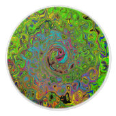 Groovy Abstract Retro Lime Green en Blue Swirl Keramische Knop (Voorkant)