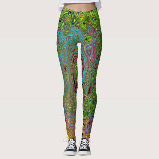 Groovy Abstract Retro Lime Green en Blue Swirl Leggings (Voorkant)