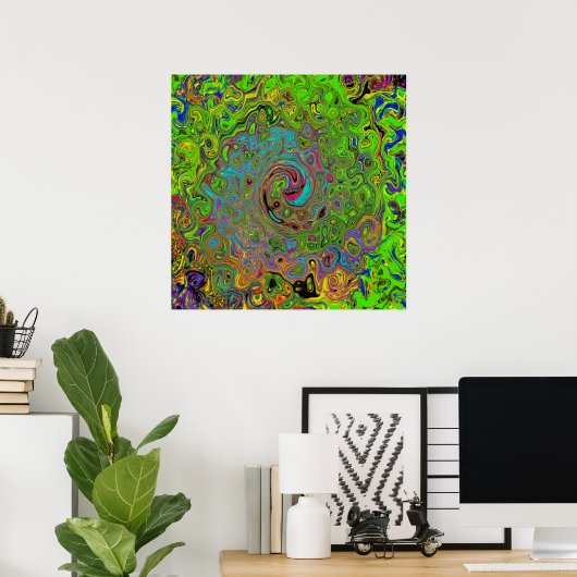 Groovy Abstract Retro Lime Green en Blue Swirl Poster (Thuiskantoor)